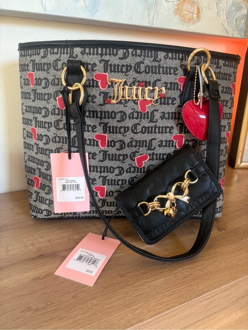Juicy Couture Black Logo Tote with Pink Hearts and Gold Hardware